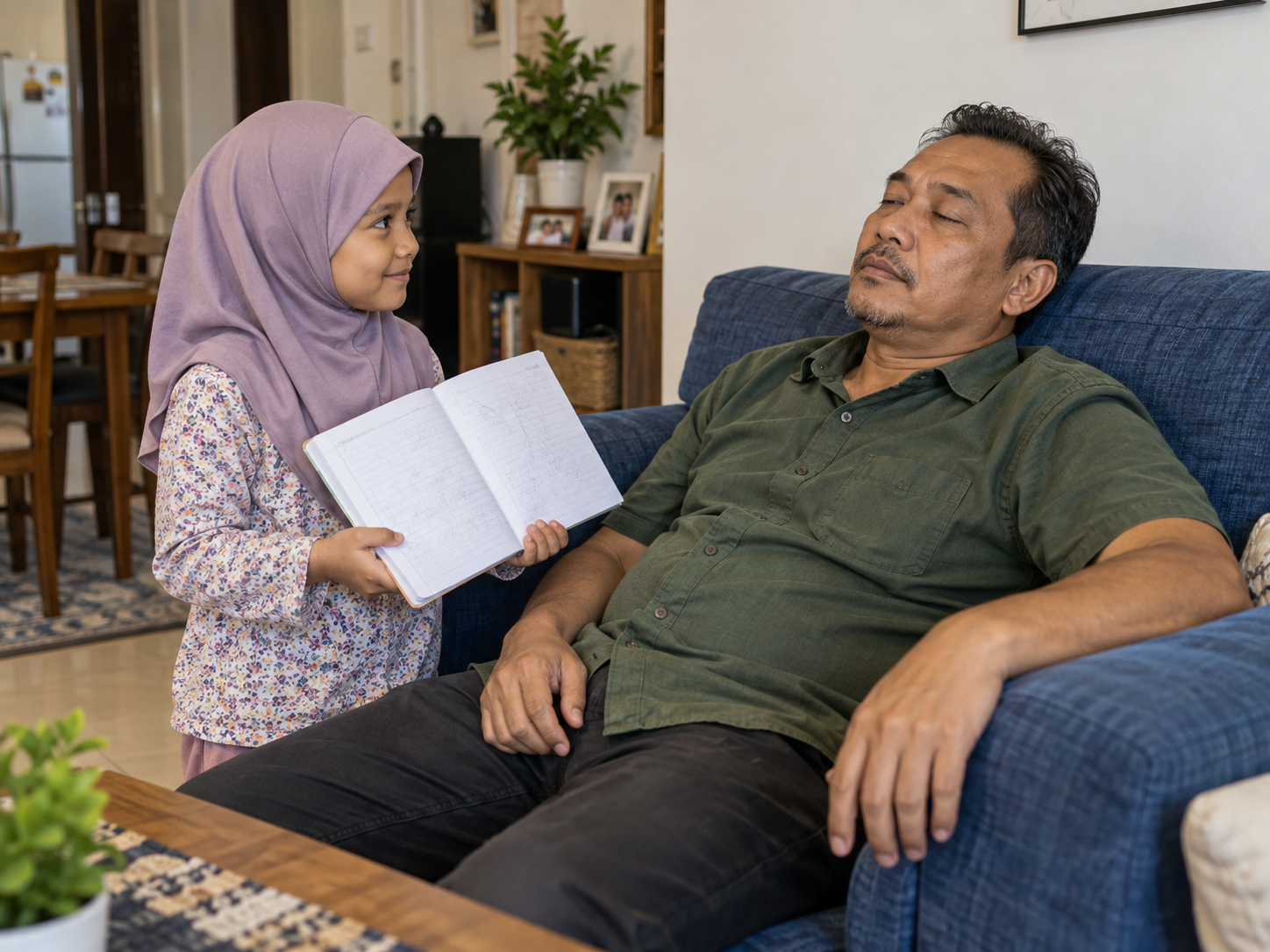 Ilustrasi anak menunggu untuk bercerita kepada ayah yang letih selepas bekerja