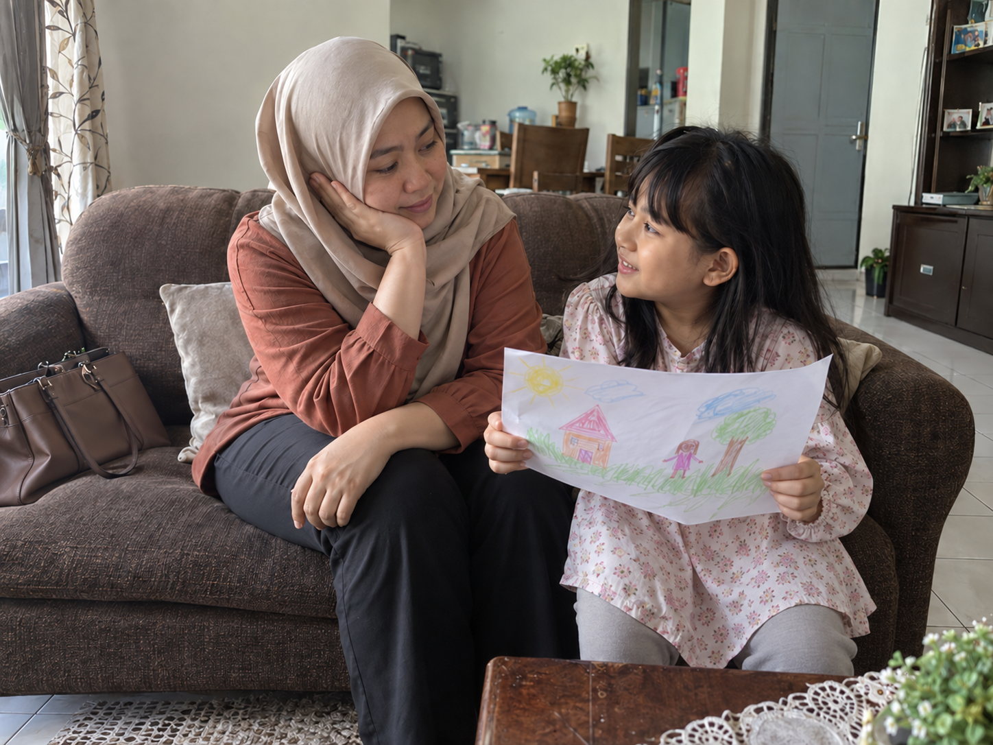 Ilustrasi ibu yang letih selepas bekerja ketika anak menunjukkan lukisan dan mengajak bercerita