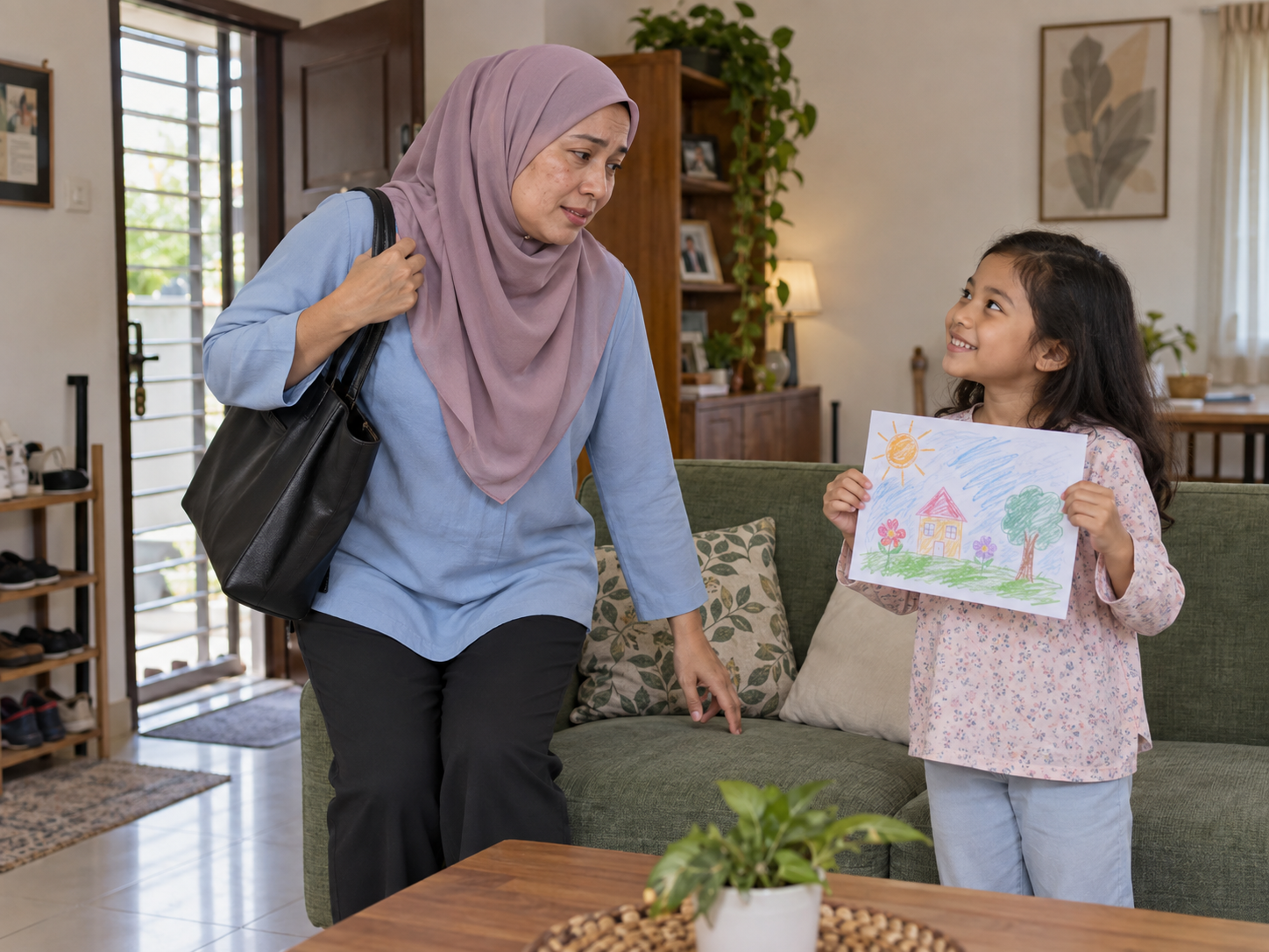 Ilustrasi ibu baru pulang bekerja ketika anak menunggu untuk berkongsi lukisan