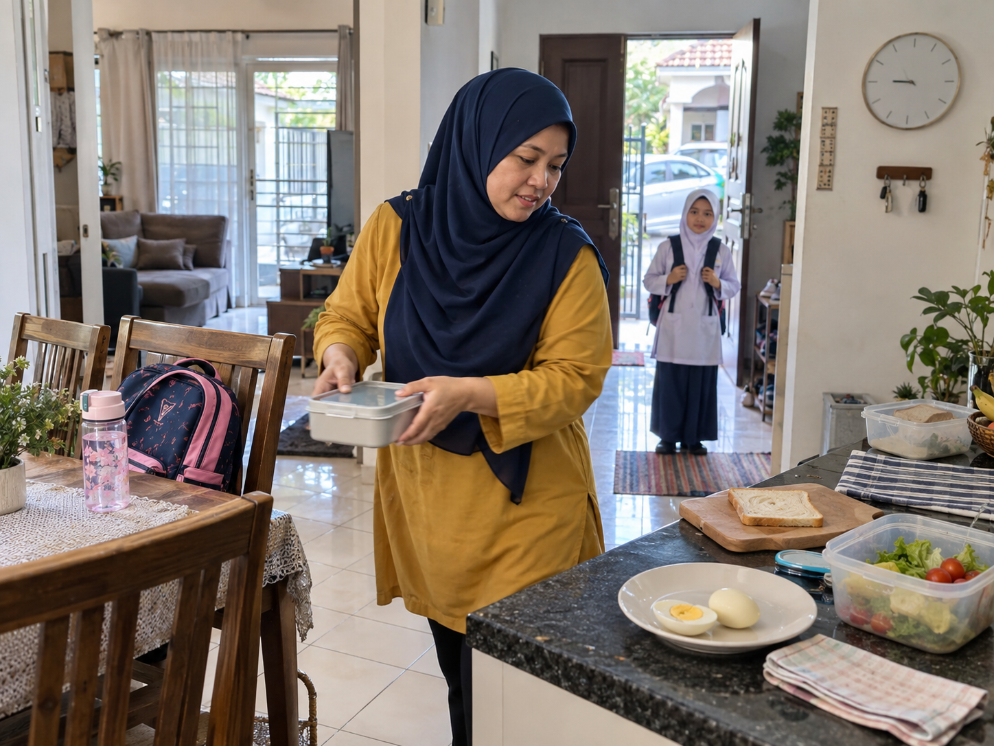 Ilustrasi ibu menyiapkan bekal dan beg sekolah ketika anak menunggu untuk keluar