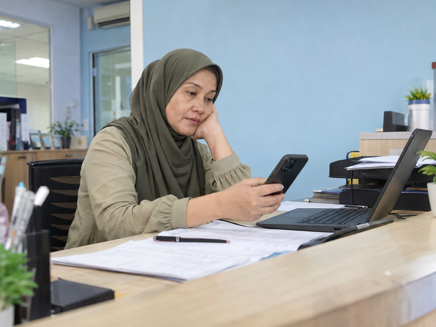 Ilustrasi wanita yang terganggu dengan telefon ketika kerja di meja masih menunggu