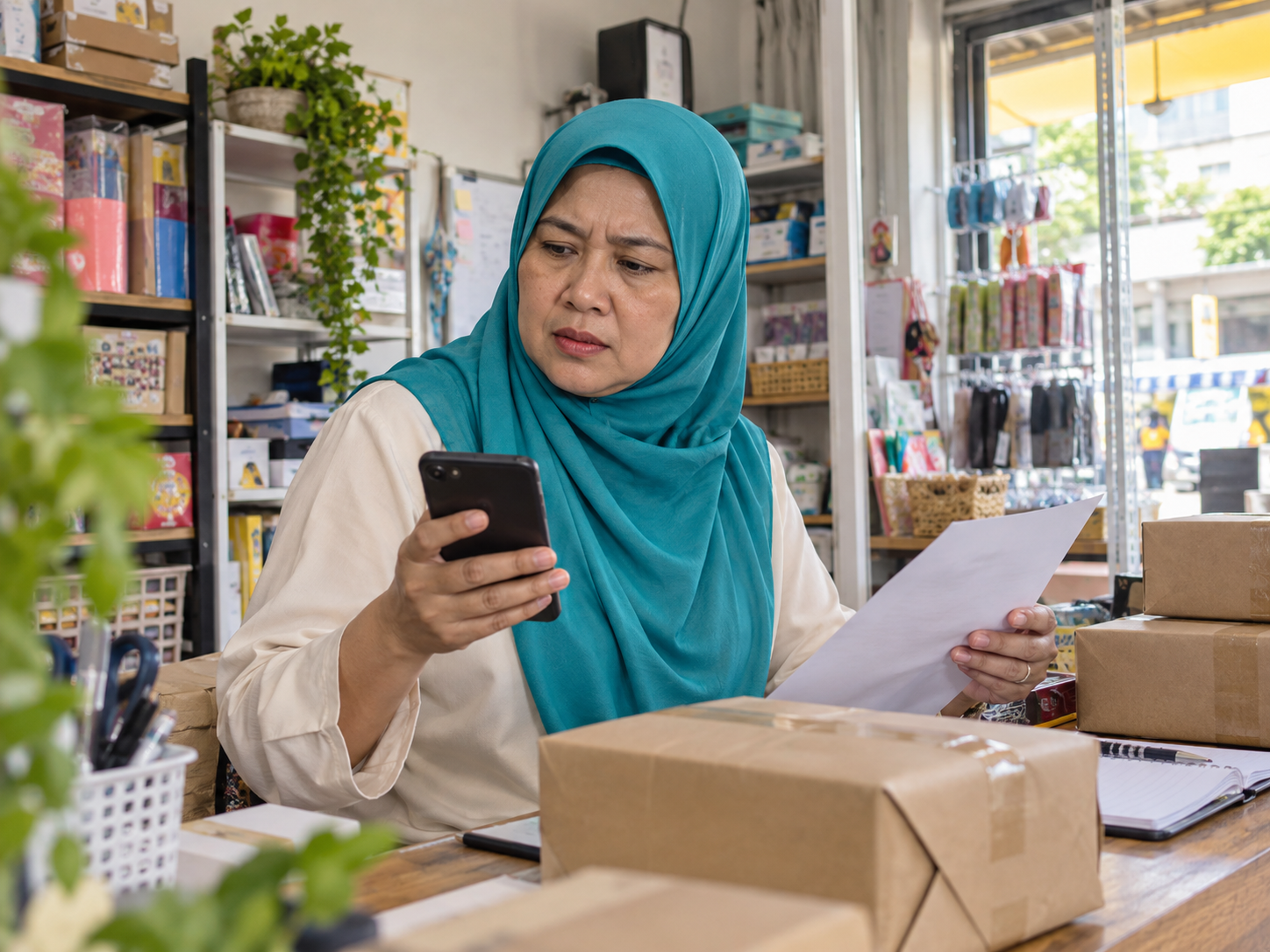 Ilustrasi wanita mengurus kerja dan bungkusan ketika telefon mengganggu tumpuannya