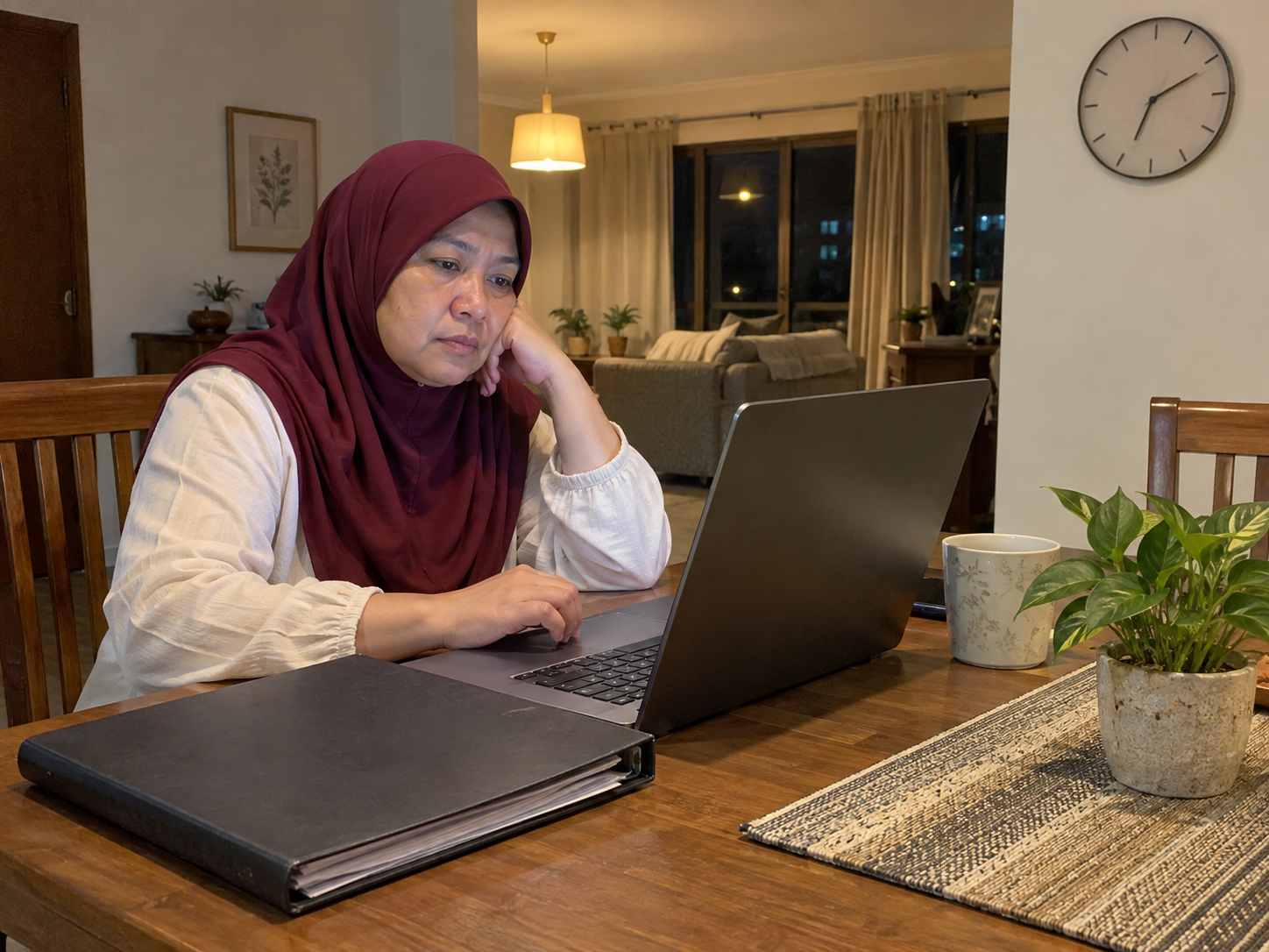 Ilustrasi wanita masih memikirkan kerja di depan laptop di rumah pada waktu malam