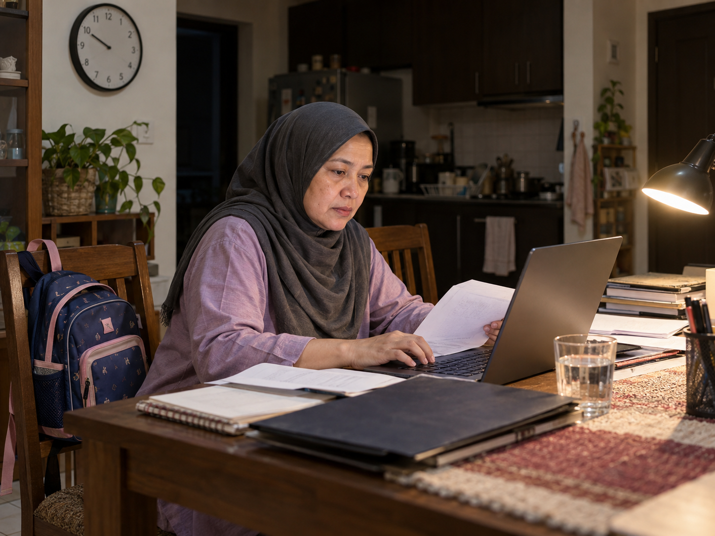 Ilustrasi wanita menyambung kerja dan dokumen di meja makan pada waktu malam