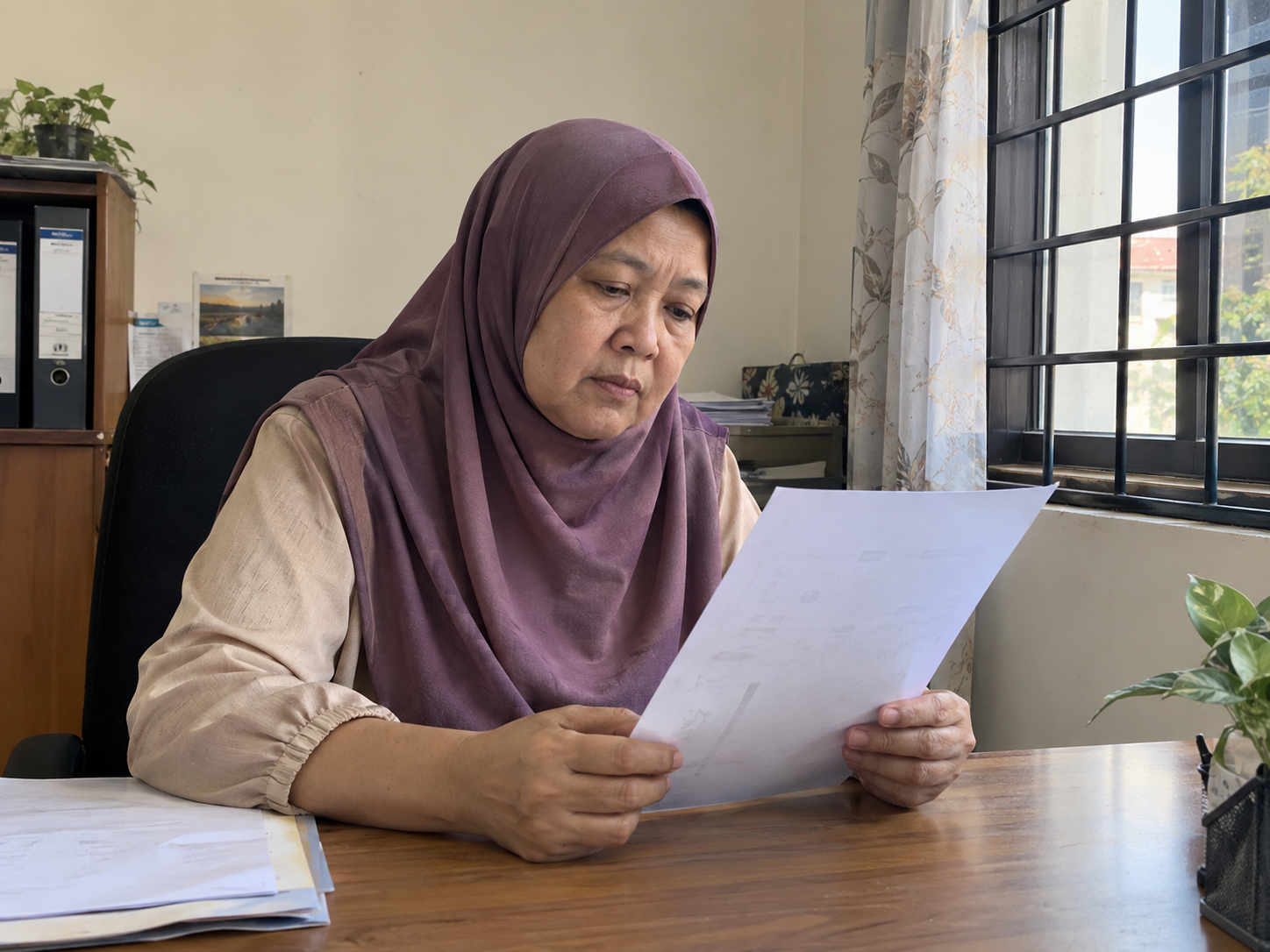 Ilustrasi wanita membaca kertas pada lewat petang dalam keadaan penat