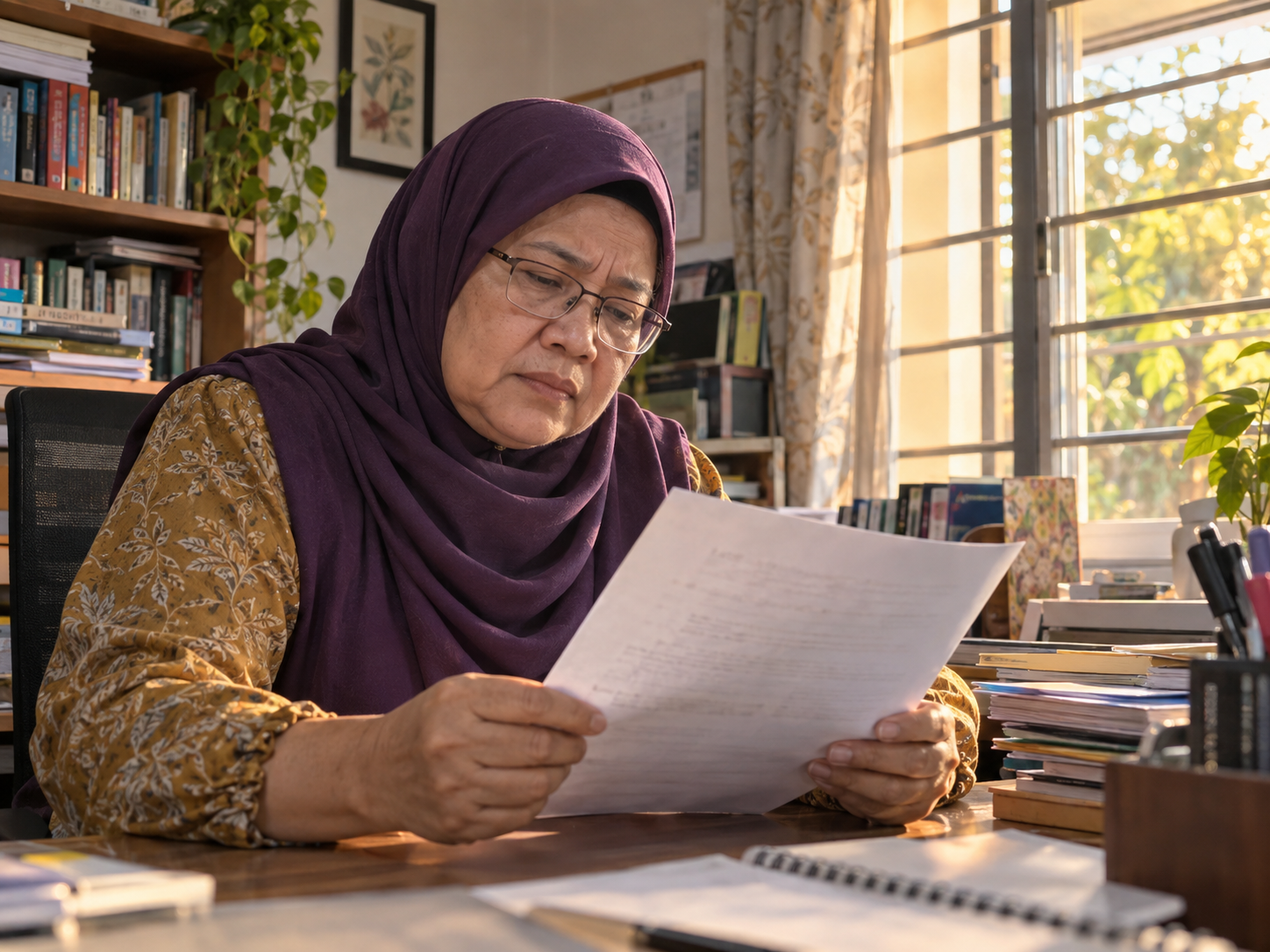 Ilustrasi wanita lebih berusia yang penat membaca semula dokumen pada lewat petang