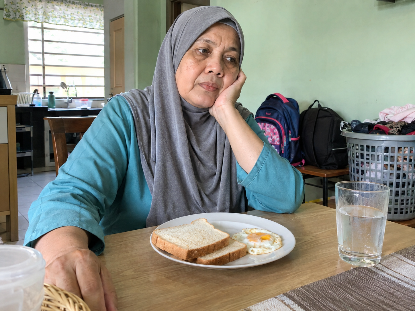 Ilustrasi wanita yang belum sempat menikmati sarapan di tengah urusan rumah