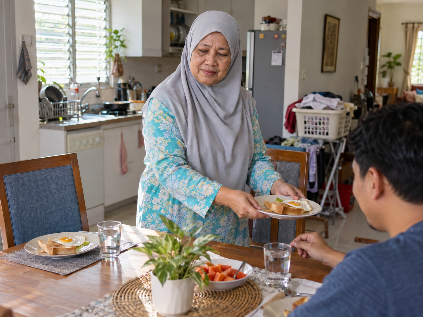 Ilustrasi wanita menghidangkan sarapan keluarga sementara makanannya sendiri belum disentuh