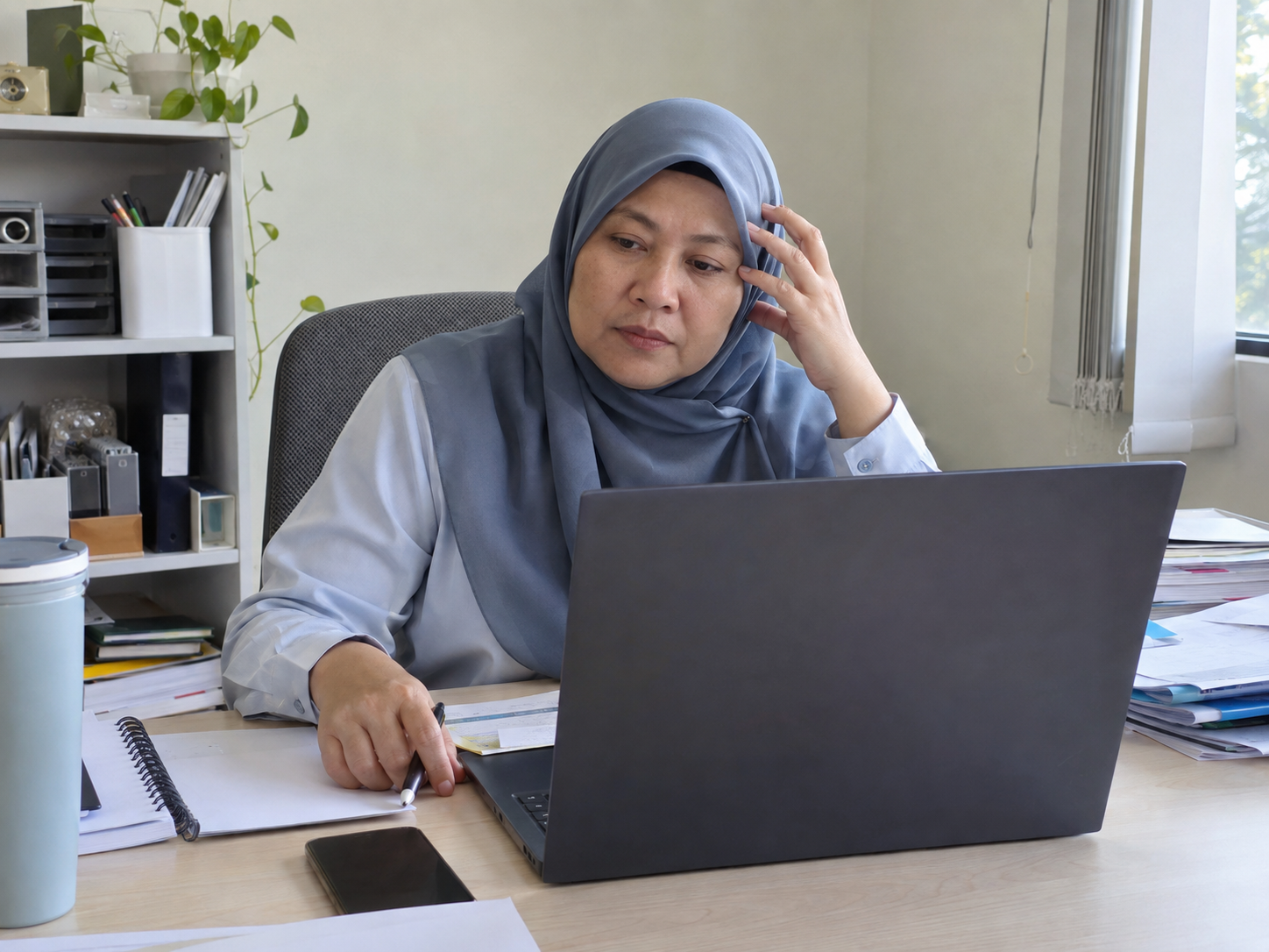 Ilustrasi wanita sekitar 50-an yang penat ketika cuba menyiapkan kerja di pejabat